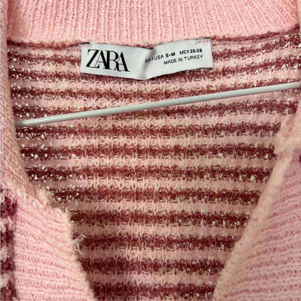 Zara Women's Pink and White Knit Cardigan